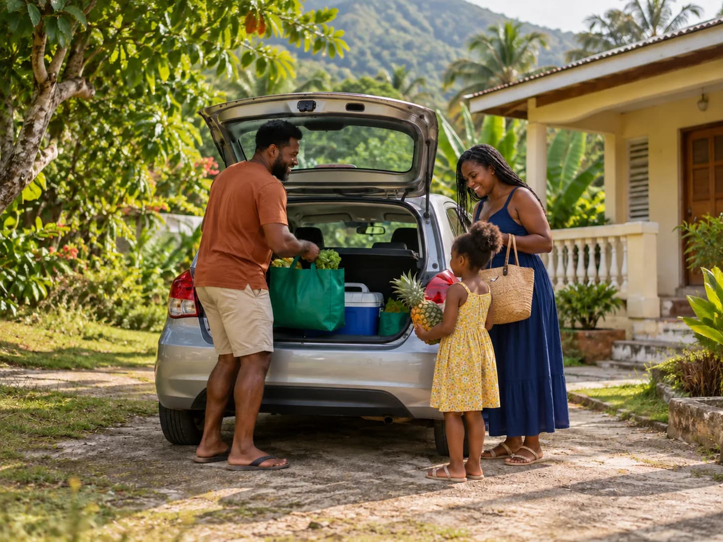 Illustrative driver beside a vehicle in Jamaica